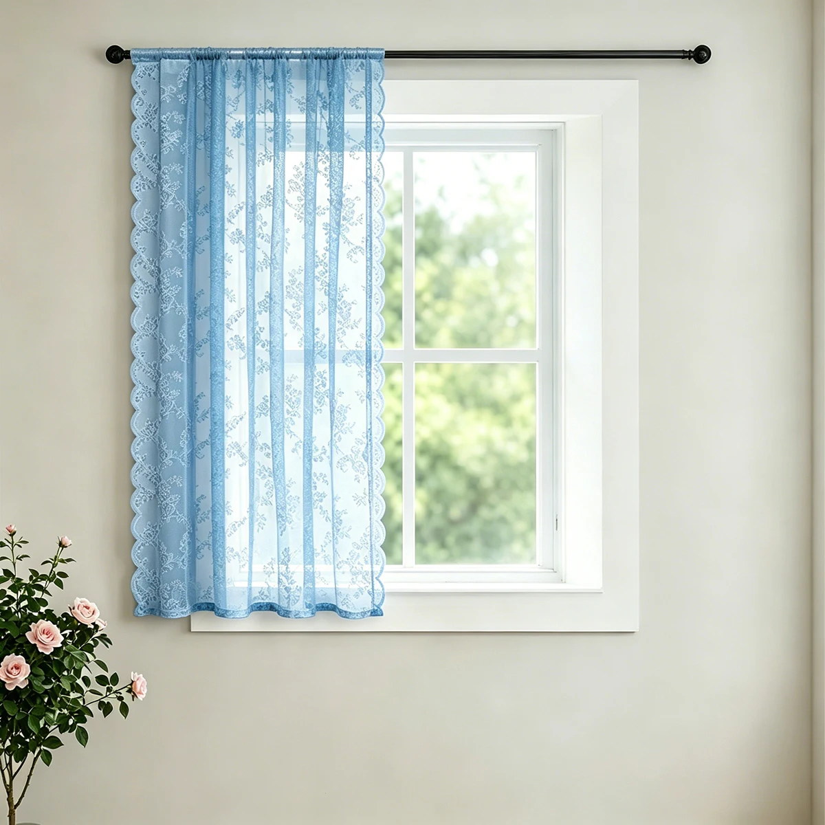 1 Stück französischer Vintage-Rosenspitzenvorhang mit wellenförmigen Rändern, kleiner dekorativer Fenstervorhang ohne Löcher – Detail 6