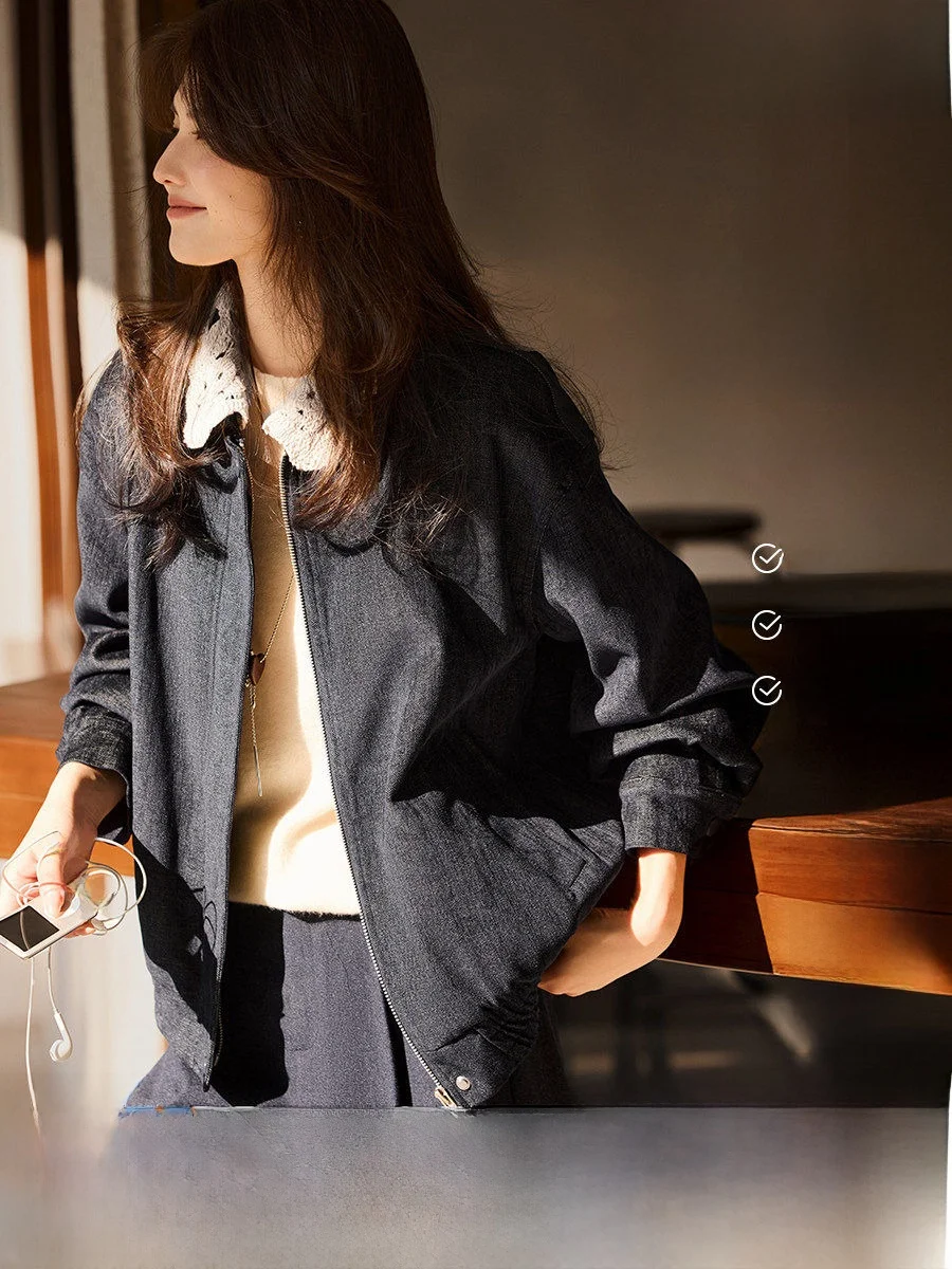 

XWI Neil Faux Denim Jacket Women's Spring 2026 Detachable Lace Collar Design Sense Top Vintage Style Straight Cut Polyester C...