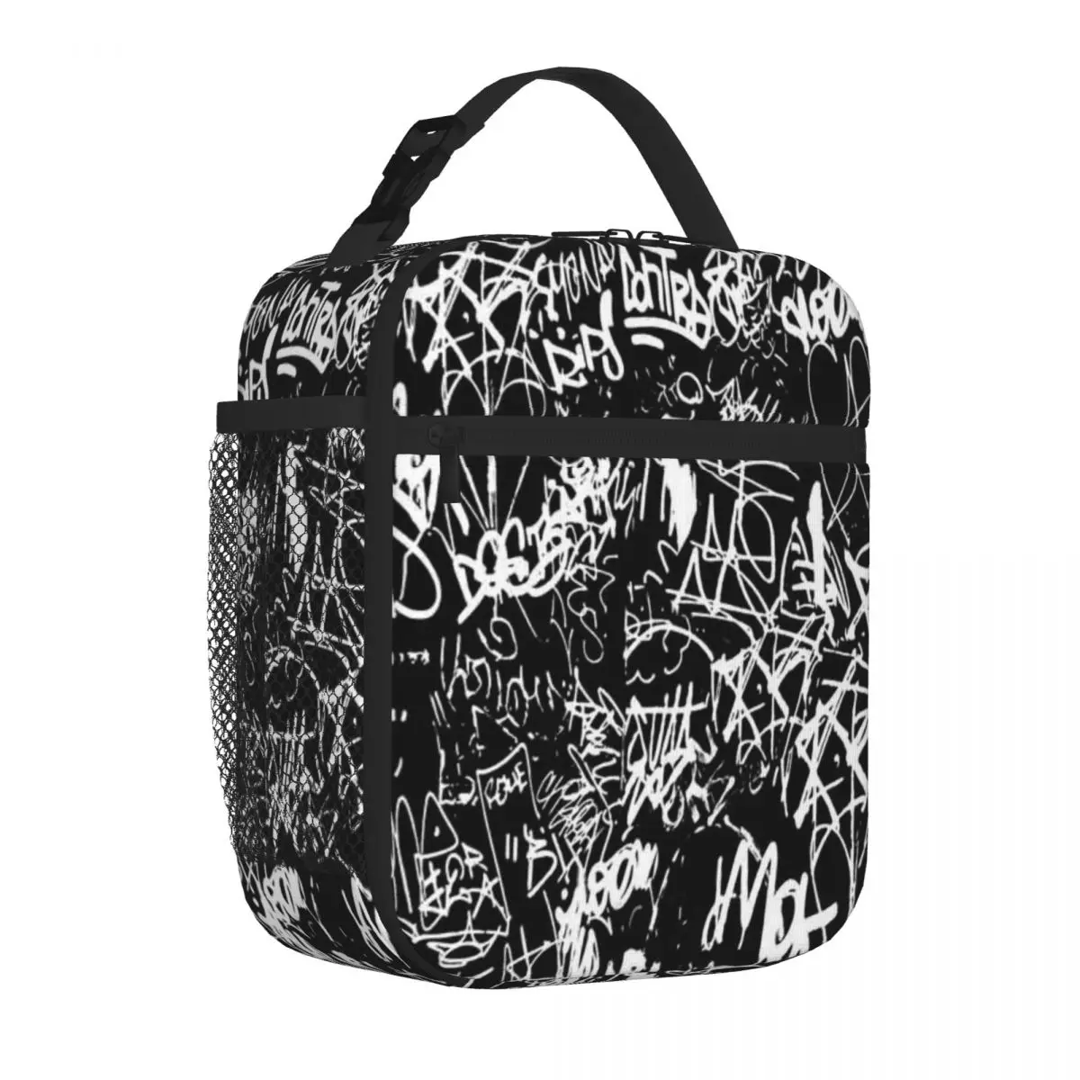 Bestselling Black And White Graffiti Abstract Collage Print Pattern Neutral Tone Lunch Handbag Short Journey Thermal Tote