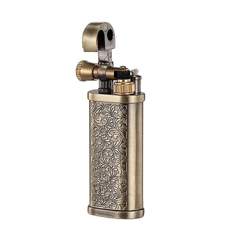 Vintage Engraved Pattern Flint Lighter, Open Flame, Metal, Raised Arm, Grinding Wheel Ignition, Men\'s Gadgets