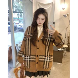 Women Clothing Brown Vintage Knitting Sweater Cardigan Jacket Lattice Long Sleeve Casual Fashion Female NEW Winter V-neck Tops