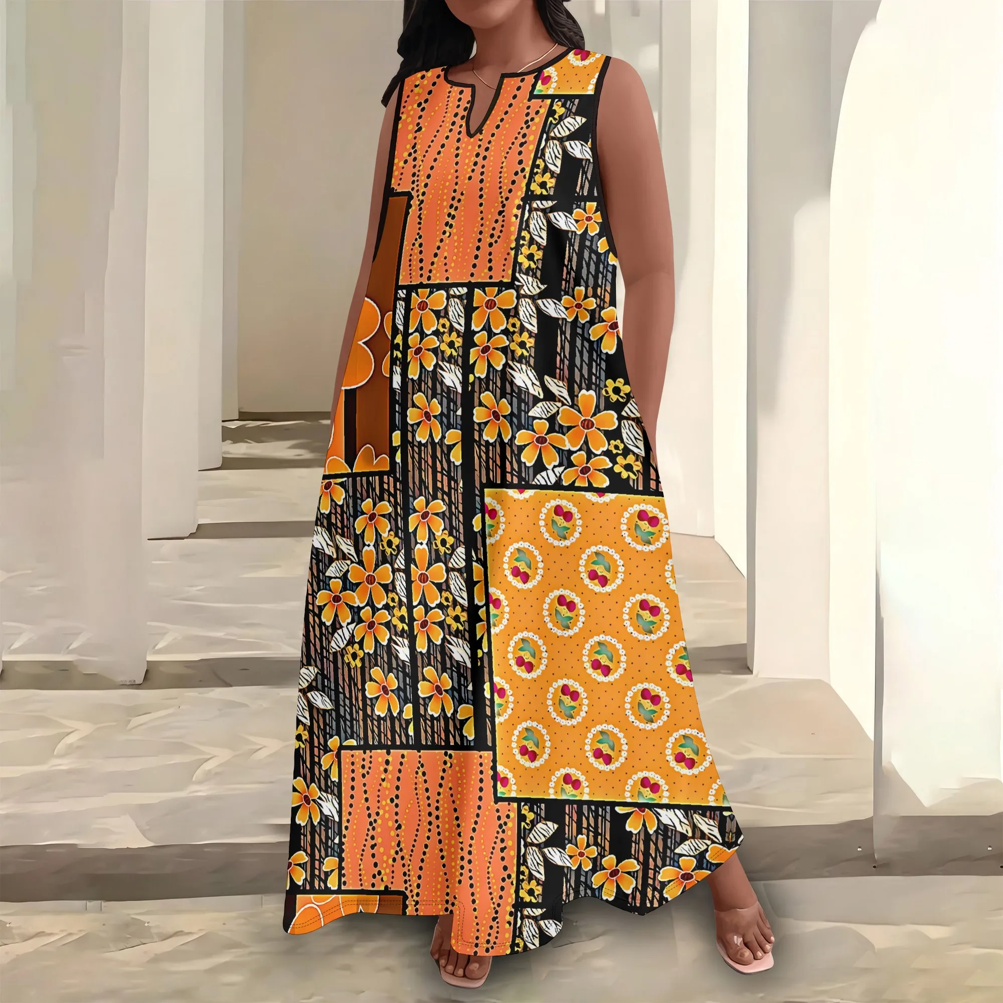

Nupusa Black Orange Patchwork Floral Print Dress for Women Plus Size Casual Keyhole Neck Sleeveless Maxi Dress
