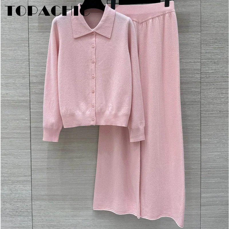 9.25 TOPACHIC-Women Simple Comfortable Wool Knitted 2 Piece Set Letter Single Breasted Cardigan + Elastic Waist Wide Leg Pants