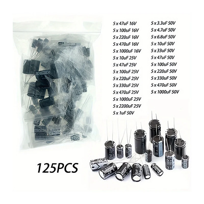 

125 шт. комплект электролитических конденсаторов 1 мкФ-2200 мкФ 25 значений DIP-компоненты для ремонта электроники DIY экспериментальные проекты