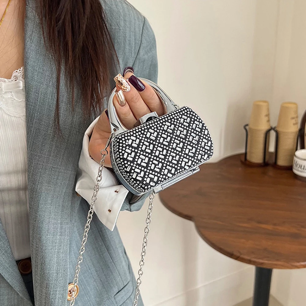 

Мини-сумка через плечо в корейском стиле, украшенная стразами, элегантный вечерний клатч, маленький кошелек, блестящая металлическая сумка для губной помады, подарок