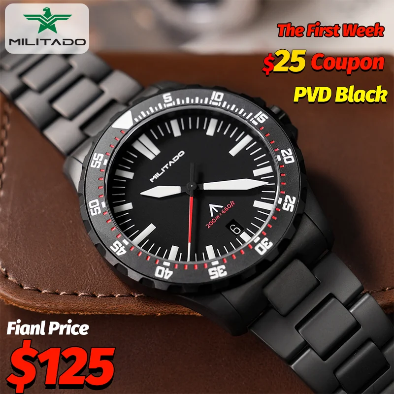 Image of Militado Ml16 PVD Black Quarz-Armbanduhren VH31/Ronda 515 39 mm Retro-Uhr Saphir leuchtende BGW9 200 m wasserdichte Taucheruhr