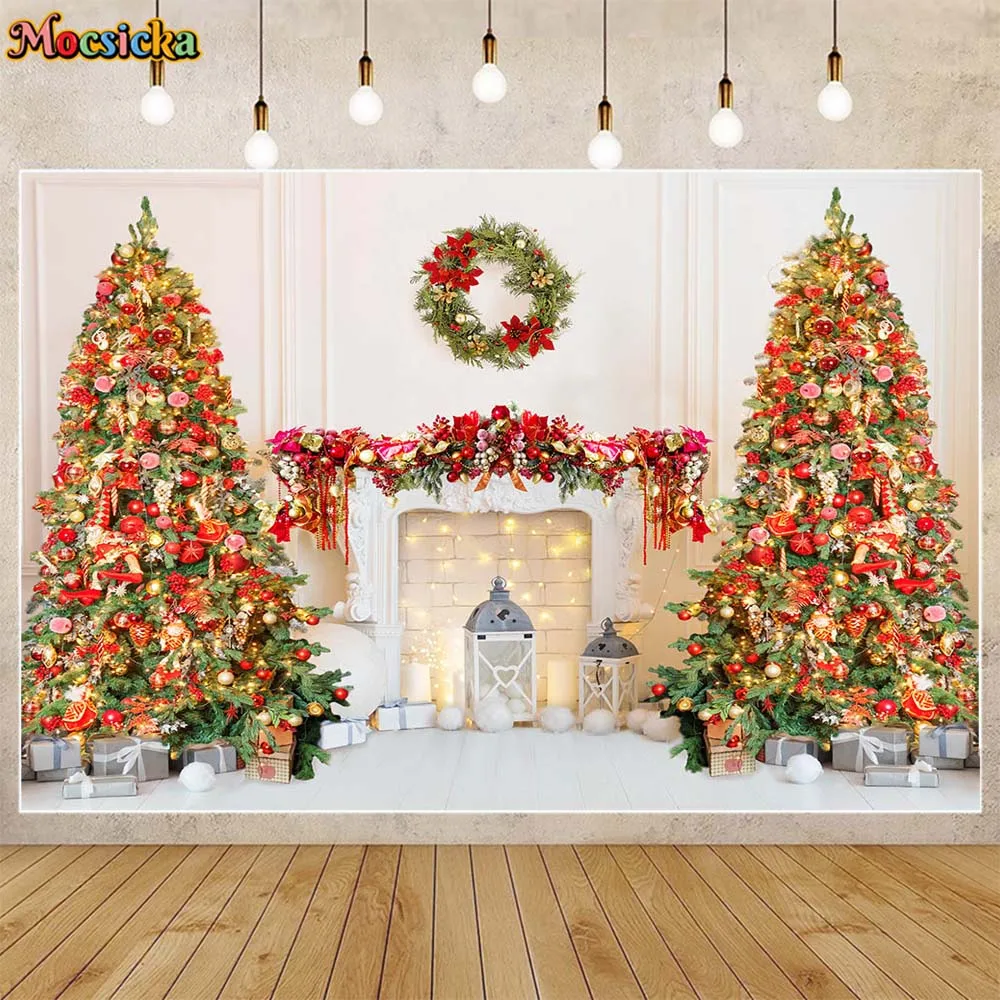 

Mocsicka White Wall Christmas Backdrop Xmas Tree Fireplace Wreath Family Portrait Background Kids Photography Props Photo Studio