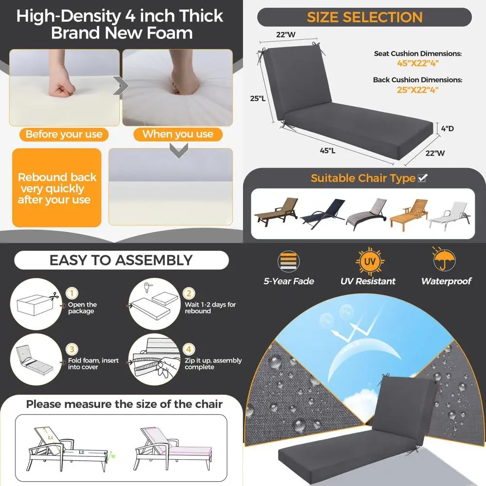 

Waterproof Fade-Resistant Outdoor Chaise Cushion, Removable Cover, 70 x 22 x 4, Dark Gray