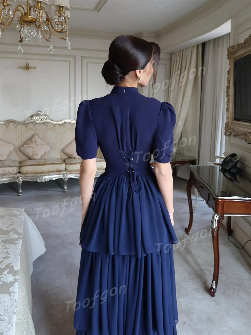 Toofgon Short Sleeve Blue Prom Dresses Satin Chiffon Women Evening Dress Ruffles Long Special Event Party Gowns Customized