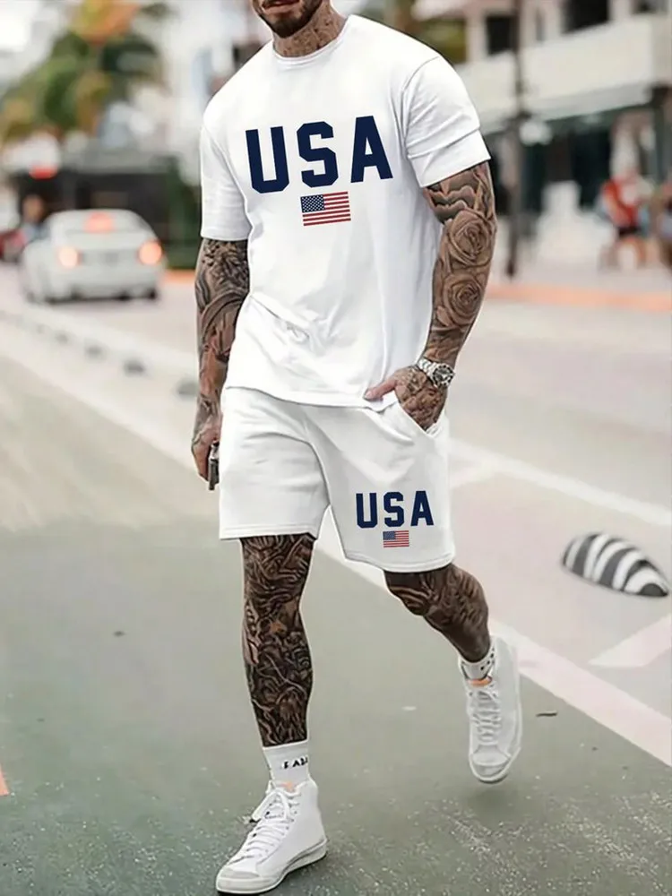 New 2024 York Prints Mens 2Pcs Casual Outfit Trendy Short Sleeve T-Shirt Shorts Set For Stylish Summer Workouts Athleisure Wear