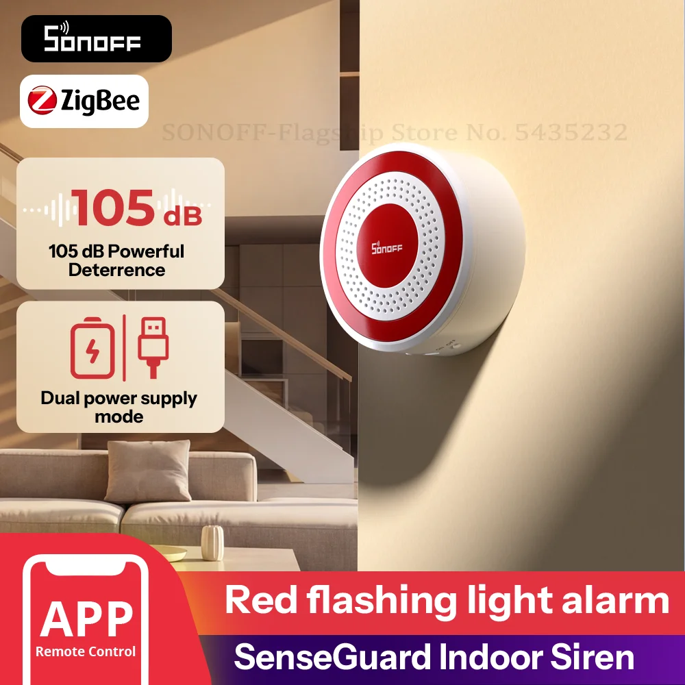 SONOFF SNZB-09P Zigbee 센스가드 실내 사이렌, 강력한 알람, 사용자 지정 알람음, 음향-광 알림, 이중 전원 공급, Zigbee 보안