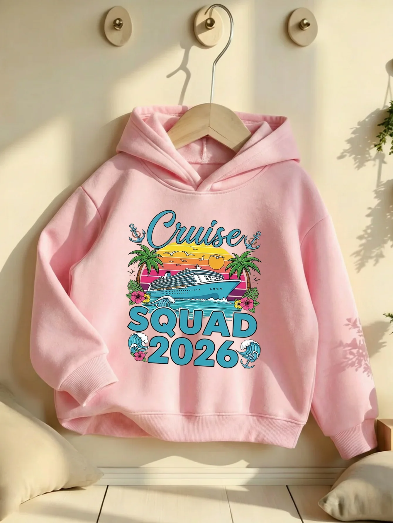 Girls' Hooded Sweatshirt with Cruise Ship and Coconut Tree Print Vacation-Themed Autumn/Winter Fashion Lined Hooded Holiday Gift