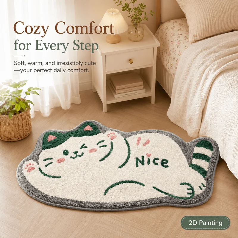 VIKAMA Cute Cat Rug (Lying on Its Back), Odd-Shaped Bedroom Bedside Rug, Non-Slip Bathroom Mat, Home Decor