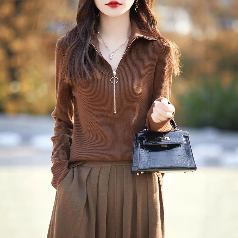 

Autumn Winter New Style Half Zipper Pullover Women's Ribbed Knitted Top Loose Base Layer Outer Wear Sweater