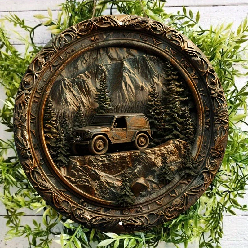 Round Aluminum Metal Sign with Jeep in Woods Image, Waterproof HD Printed Wall Decor, Indoor and Outdoor Use, 8x8in, 1PC