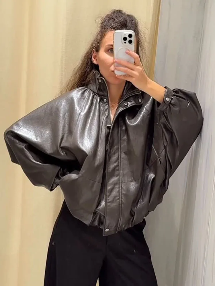 

HH Women Fashion Versatile Series Leather Effect Bomber Jacket Female Stand Collar Zipper Street Casual Long Sleeve Jacket Mujer