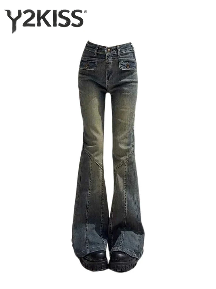 レディース フレアデニムパンツ ハイウエストジーンズ 韓国風 ベルボトム Y2K ストレッチ 2000年代 スキニー ジーンズ ハイストリート アメリカン レトロ パンク