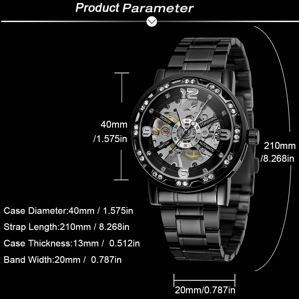FORSINING الكلاسيكية النقش ساعات رجالي الهيكل العظمي الميكانيكية حجر الراين مؤشرات مضيئة الصلب الفاخرة رجل الأعمال ساعات المعصم