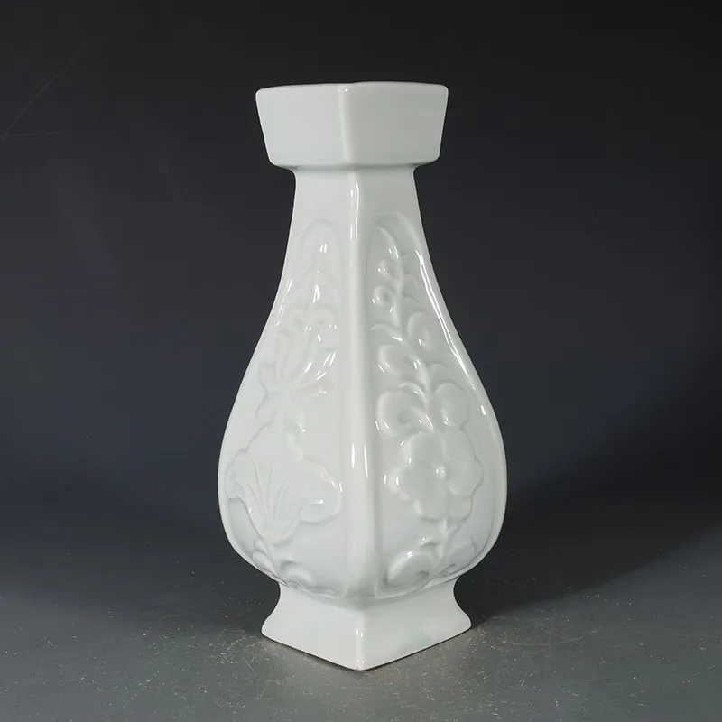 8.66 inch Chinese Song Hutian Kiln Porcelain White Glaze Carved Lotus Vase