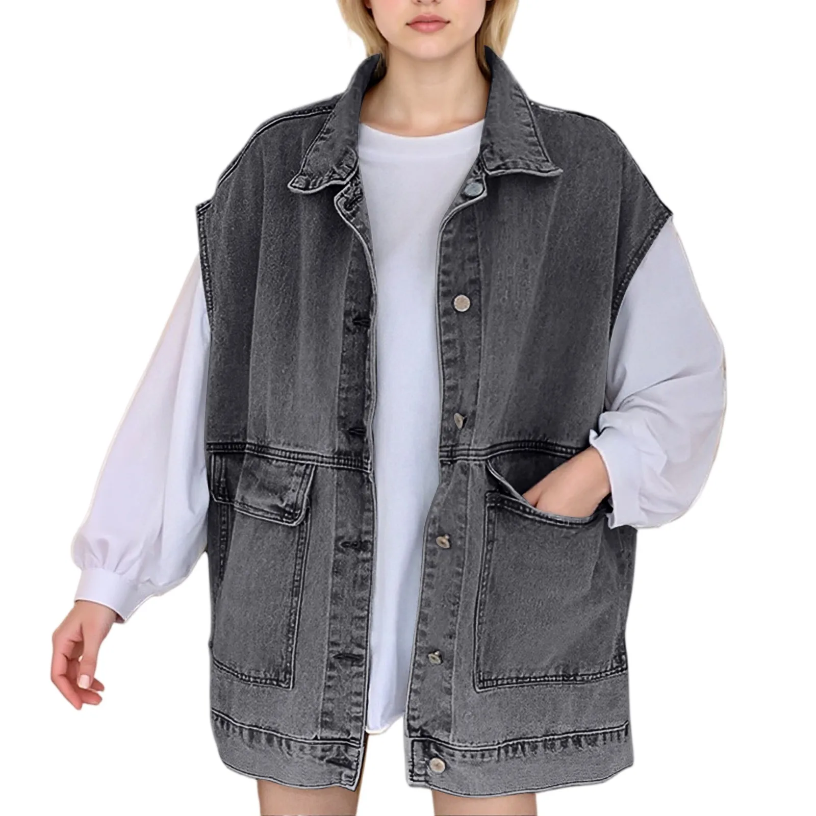 

Large Pocket Denim Jacket For Women Denim Jacket 2025 Spring Ruched Tops For Women Vest Short Sleeve Turn Down Collar Short Tops