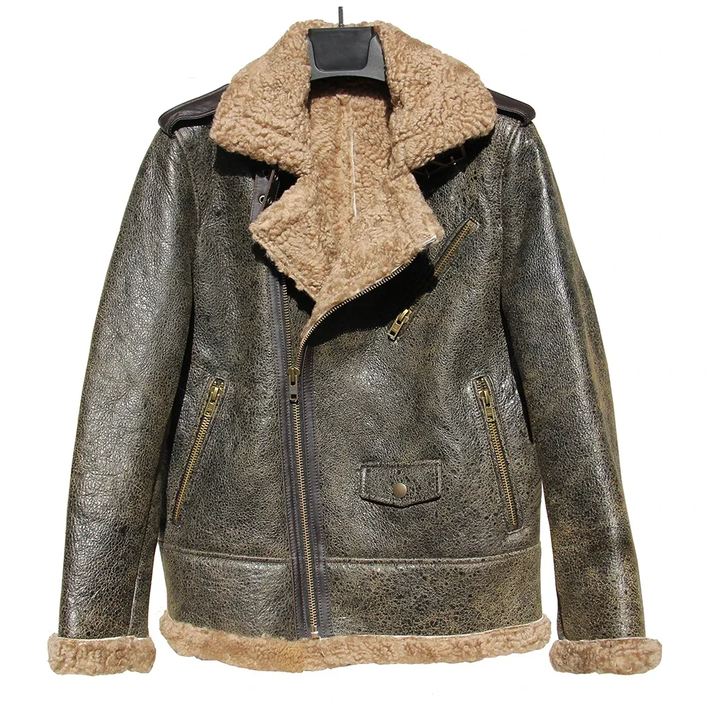 Thick Warm Genuine Sheepskin Real Fur Shearling Jackets for Men Leather Jacket Mens Biker Clothing Men\'s Coat Winter