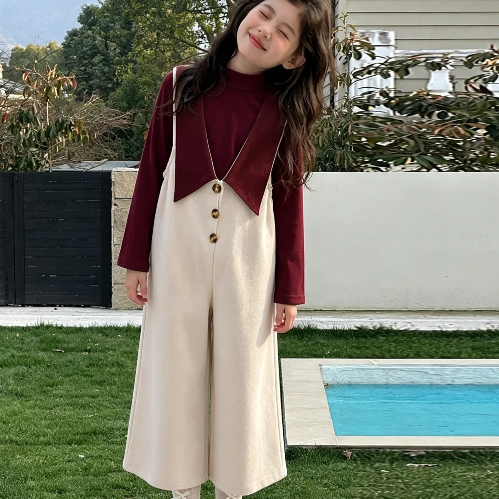 Wine Red Korean Version Fashion Girls' Autumn Clothing Solid Color Long Sleeved High Neck Top+Lapel Overalls Kids Two-piece Set