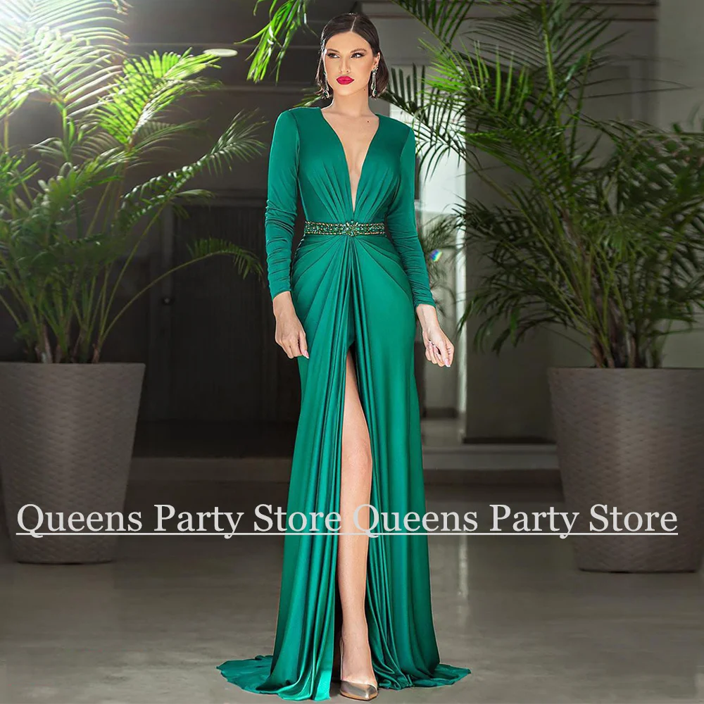 

Green Mermaid Evening Dress Formal Gown for Woman Deep V Neck Long Sleeves Beading Sequined Backless Prom Dresses Front Slit