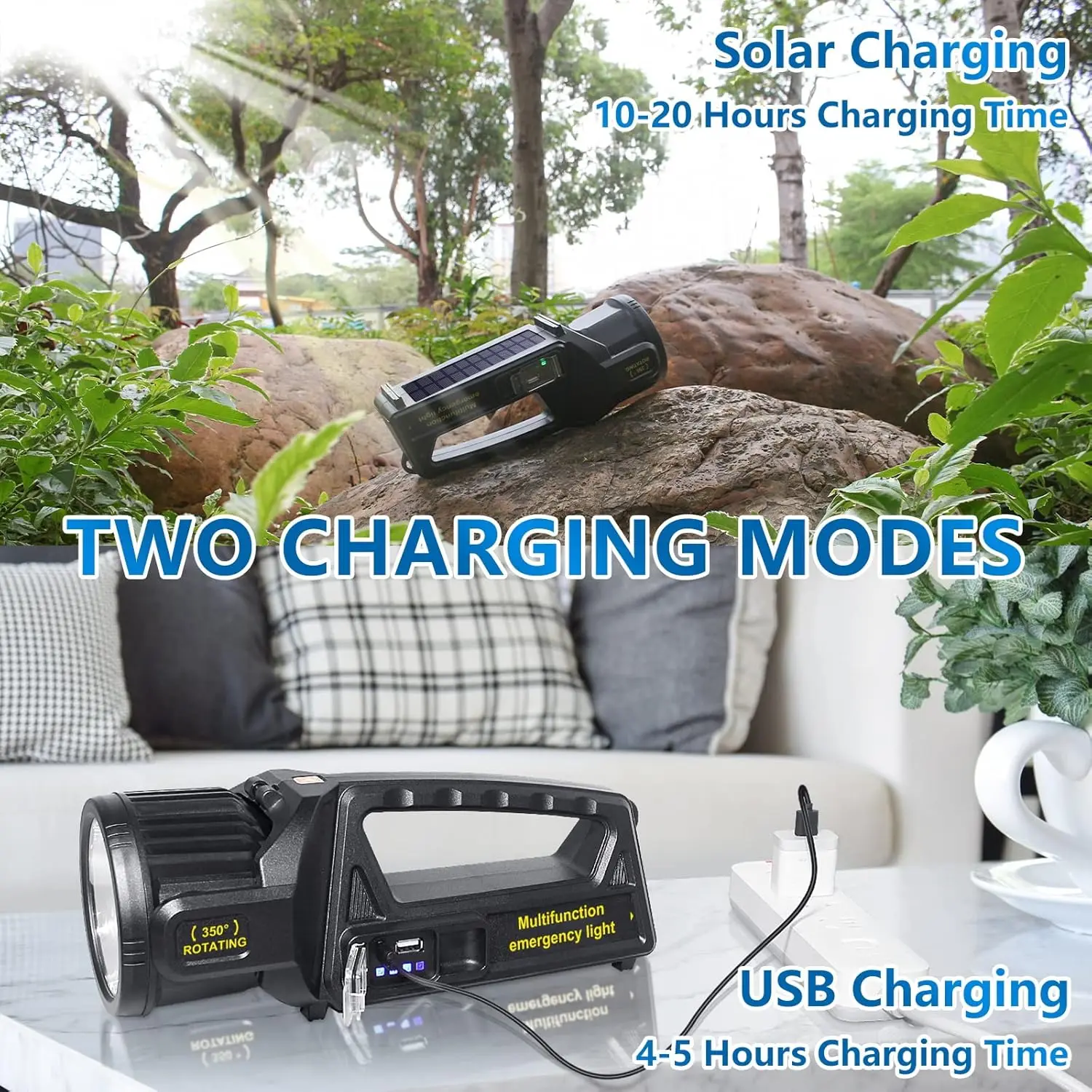 3000000 Lumens Rechargeable LED Spotlight with 350° Rotating Head, 9 Modes, IPX6 Waterproof Solar Flashlight