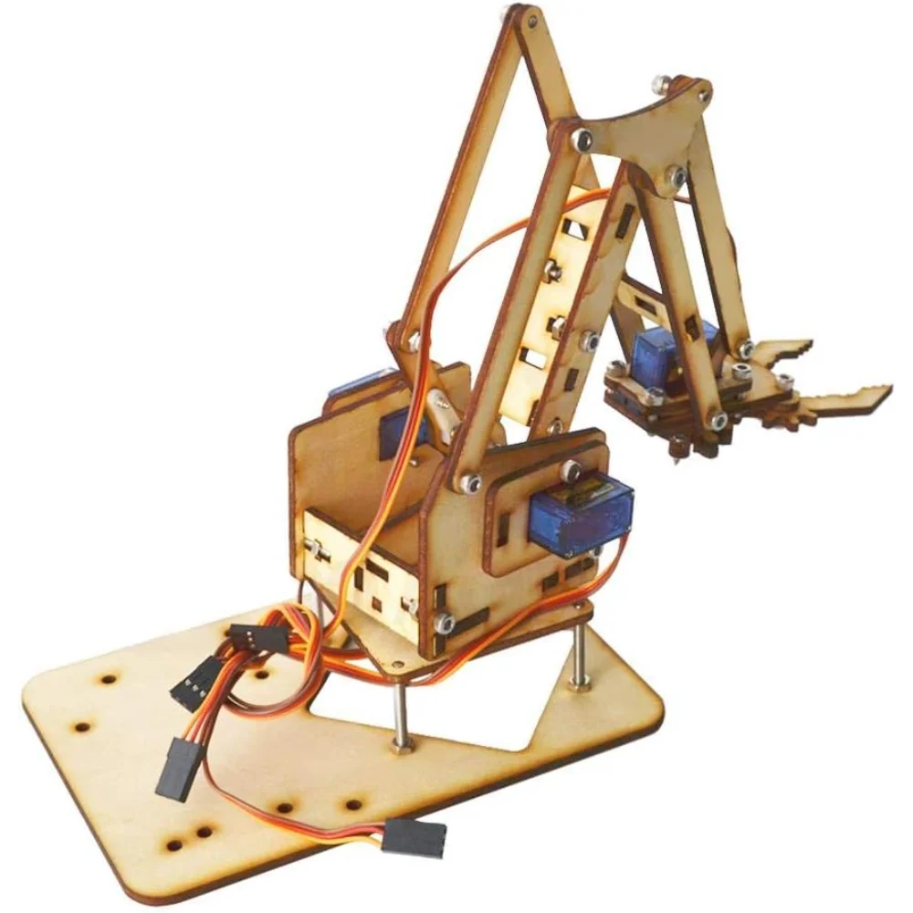 DIY Robot Arm Kit 4DOF Wooden Mechanical Arm with SG90 Servo, Assembled Robotic Arm Compatible With Arduino, Raspberry Pi