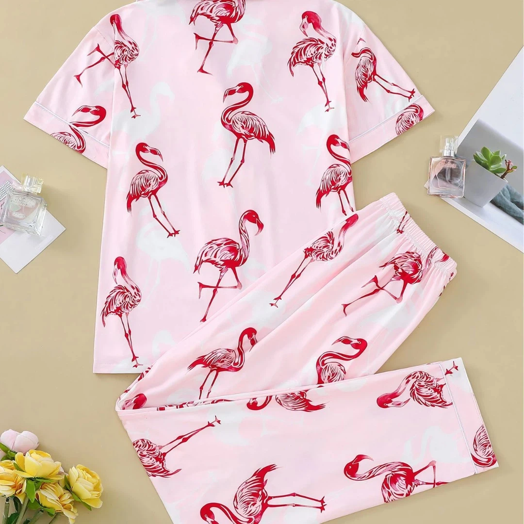 بيجامة على شكل حيوان وردي مع طية صدر السترة مطبوعة على شكل طائر الفلامنغو بأكمام قصيرة وبنطلون طويل ملابس للاستلقاء مجموعة ملابس منزلية هدايا للنساء #2