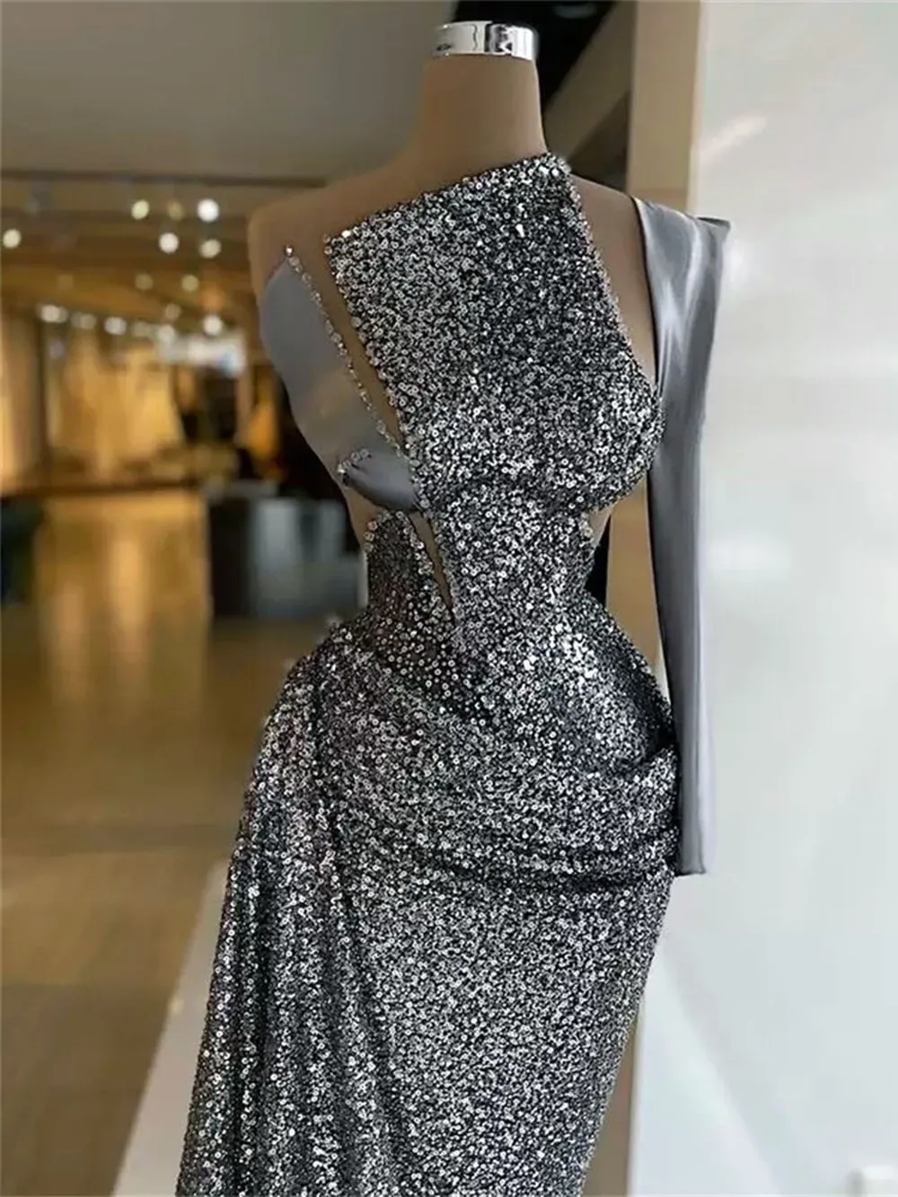 Glitter Gray Mermaid Prom Dresses Sequins One Shoulder Evening Dress Custom Made Floor Length High Neck Party Gown