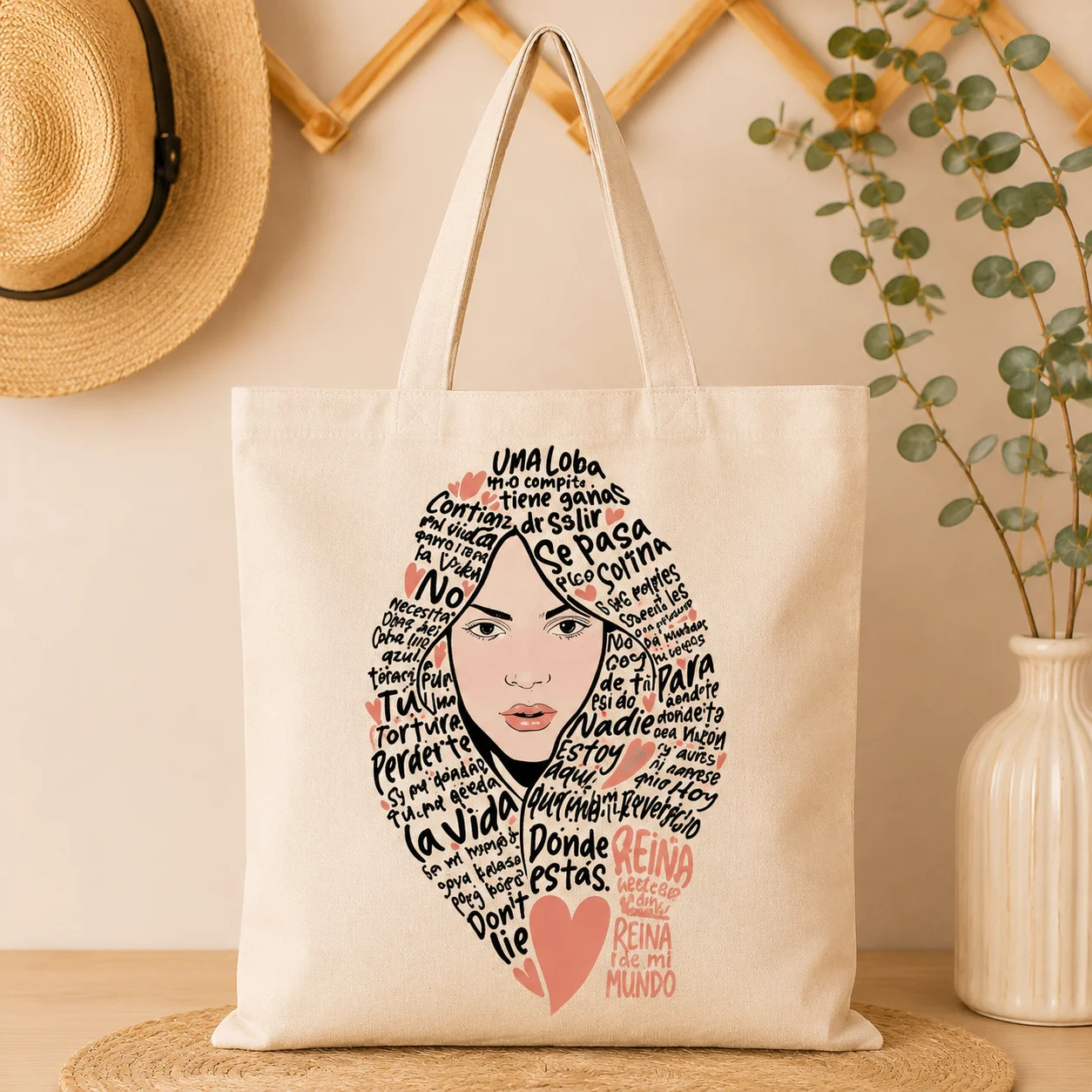 Text Art Canvas Tote Bag, Feminine Woman Portrait Heart Slogan Collage Print Large Capacity Shoulder Casual Daily Shopping Bag