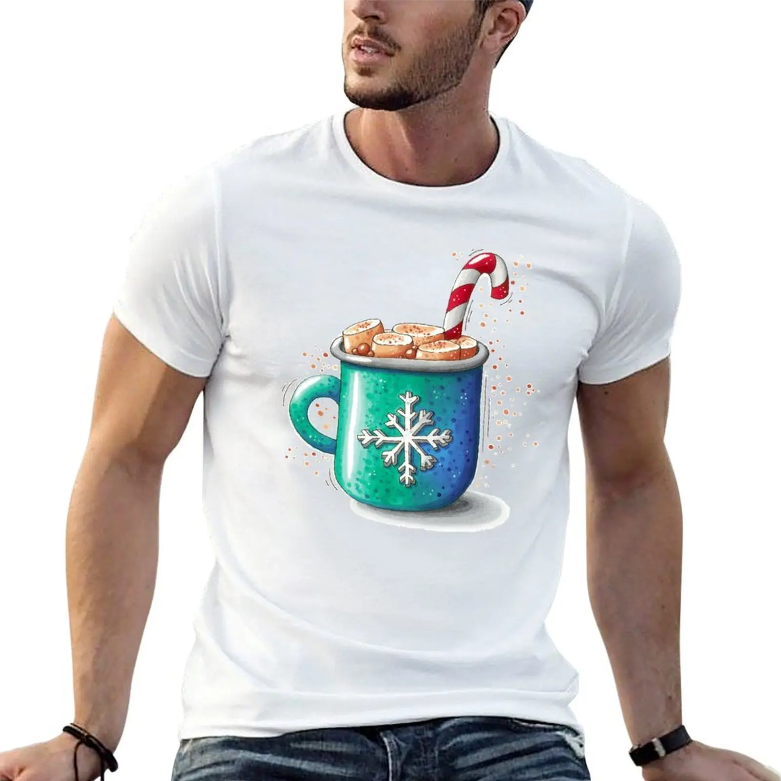 

Christmas mug with hot chocolate and marshmallows T-Shirt anime t shirts for man cotton t shirts man 100% T-Shirt