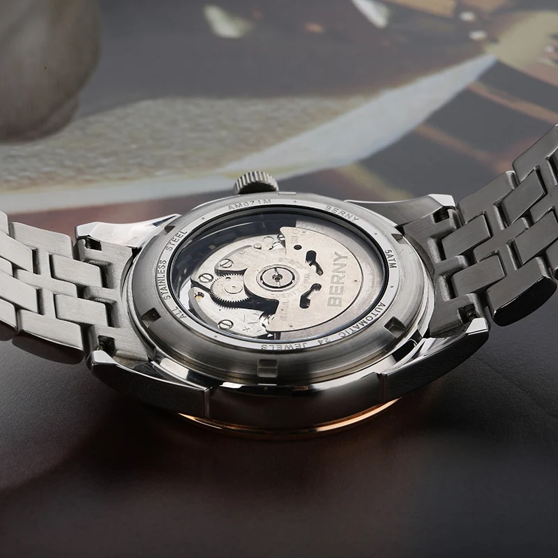 BERNY Best NH36 Automatic Movement Men Mechanical Watch  Date Display 24 Diamonds Clock Luminous Waterproof Relogio Masculino