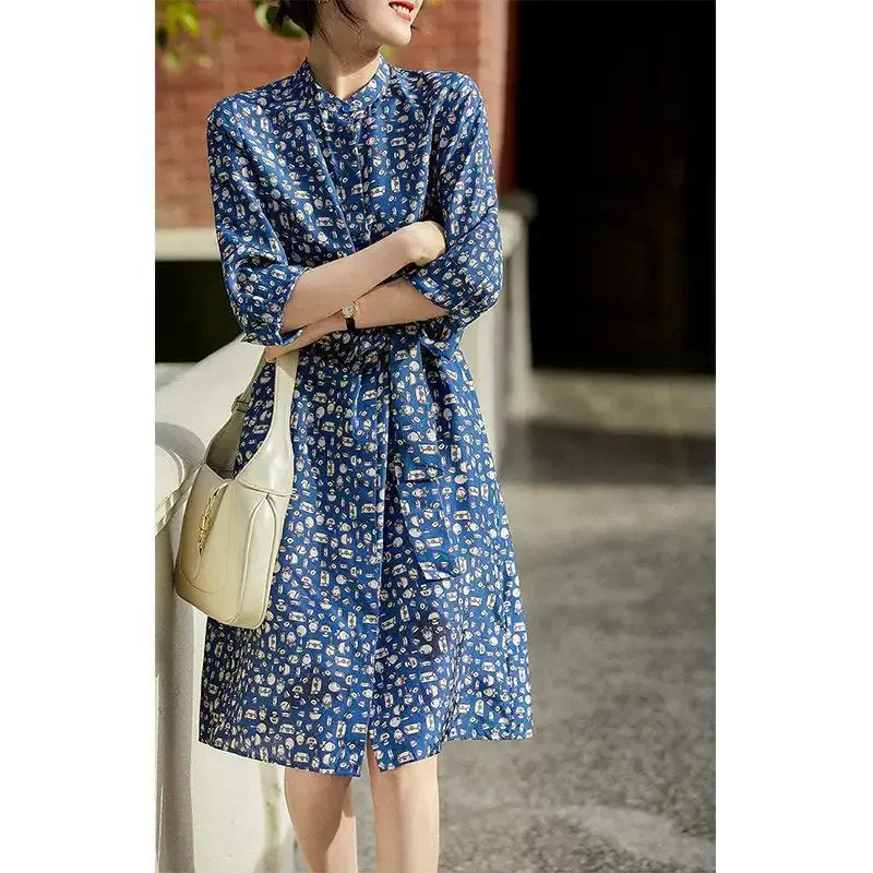 Heavy Silk Dress 2024 Summer New Printed Stand-up Collar Silk Shirt-style Women Dress Mulberry Silk Dress Summer