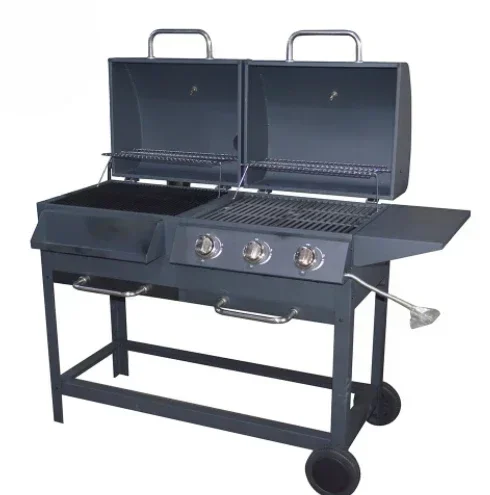 

#Double Cooking Area Height Adjustable Gas Grill Rectangle Barbecue Bbq Combo Charcoal Trolley Bbq Grill