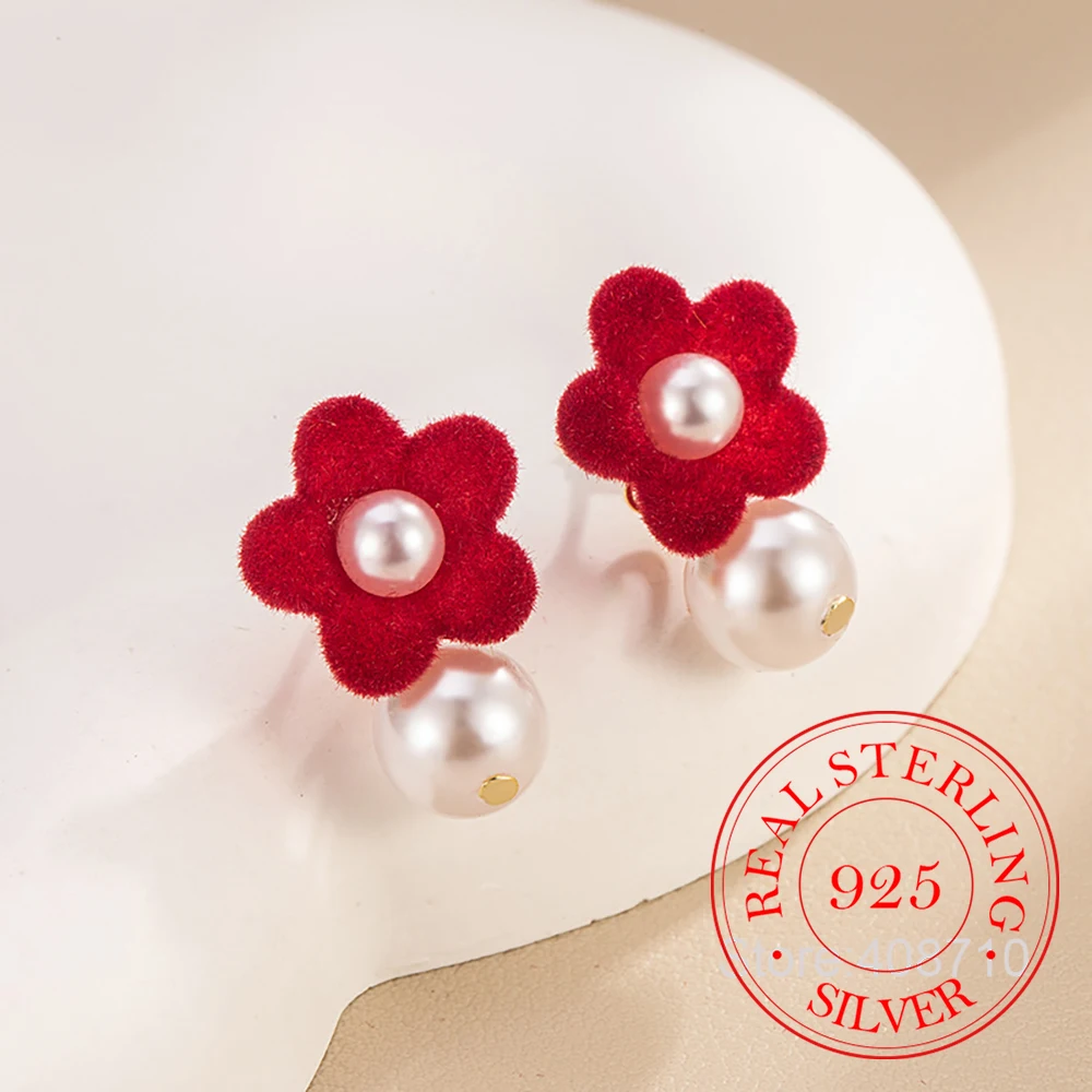 

925 Sterling Silver Jewelry Luxury Red Velvet Flower Pearl Stud Earrings for Women Wedding Party Jewelry For Girls Friend Gift
