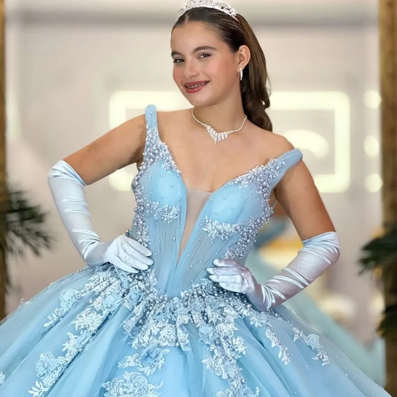 

Shiny aqua blue Quinceanera Dress off-shoulder flower decal Lace Long tail vestidos de 15 Quinceanera ﻿Customize