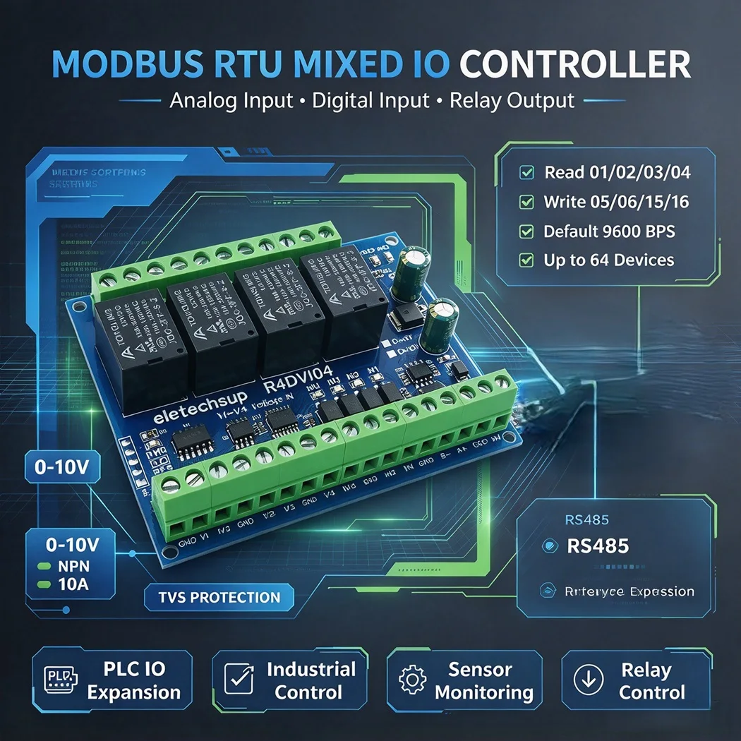 Modbus RTU RS485 IO Module 12V/24V 4-20mA 0-10V Analog Input Photoelectric Isolated 10A 4-Channel Relay Output