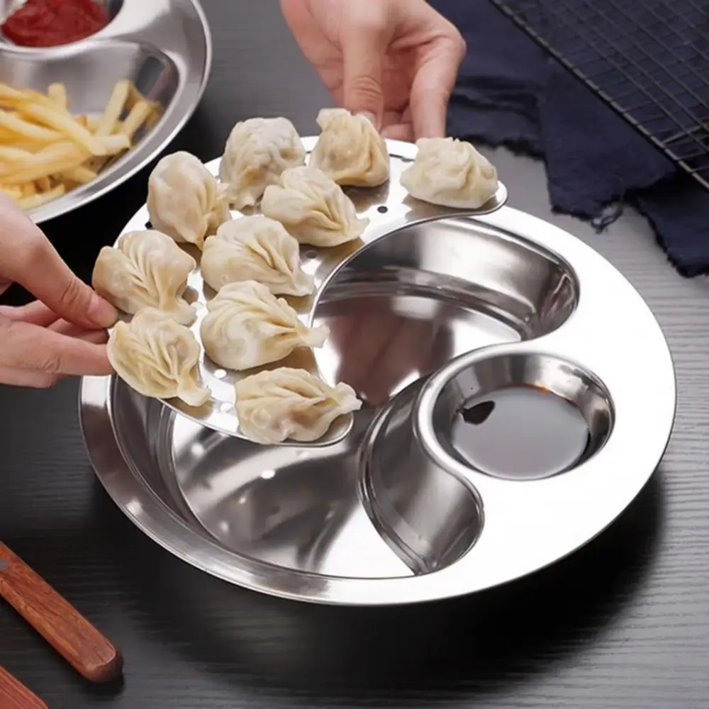

Stainless Steel Dumpling Plate Thickened Double Layer Draining Serving Dish with Vinegar Dish Round Removable Draining Tray