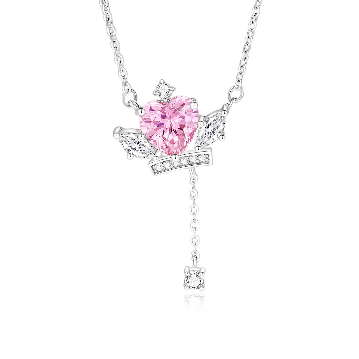 

S925 Silver Love Crown Necklace Guardian Heart Clavicle Chain Japanese Korean Tassel Powder Zircon Pendant for Trendy Wedding
