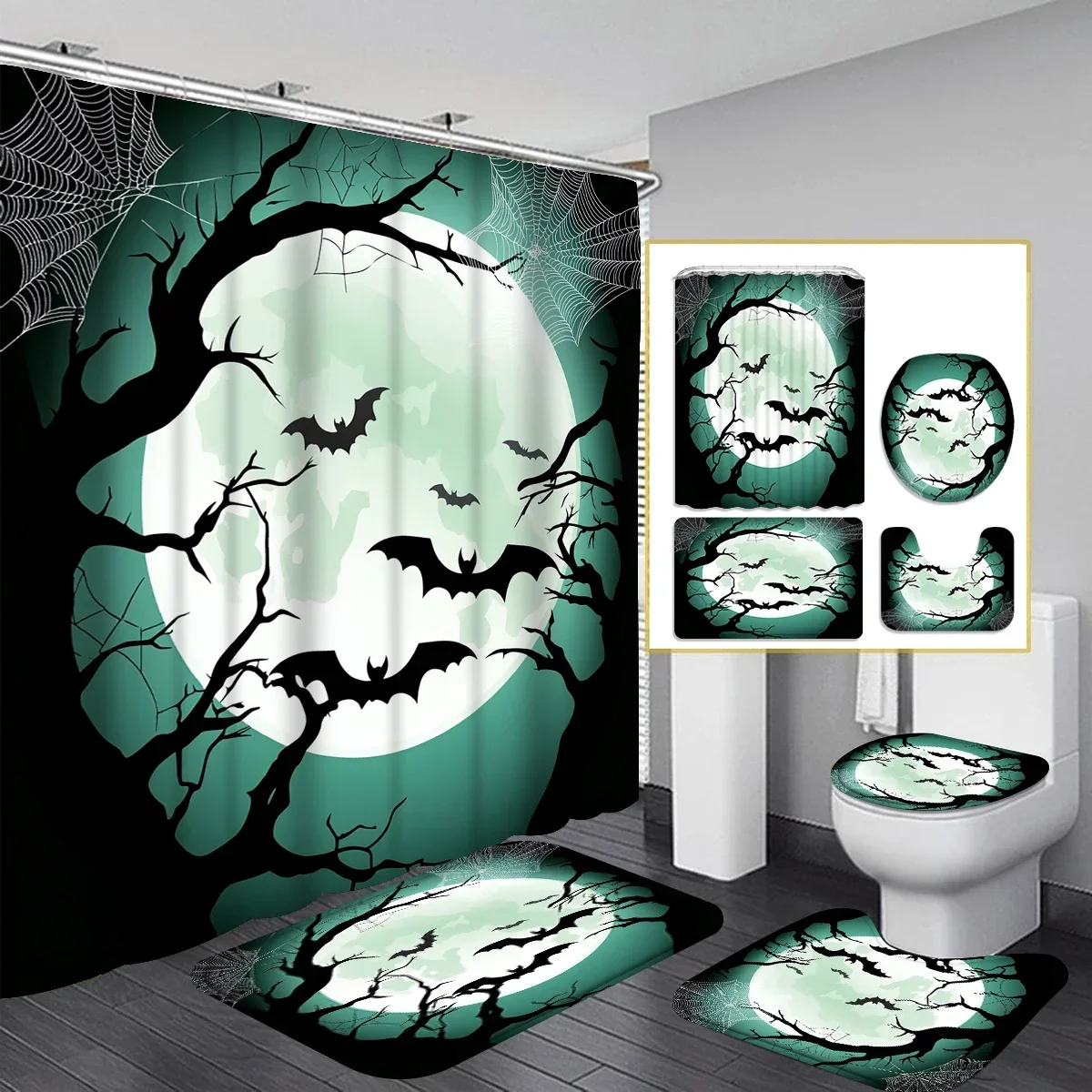 Halloween dark night bat forest shower curtain set,waterproof shower curtain and waterproof non-slip carpet,12free hooks