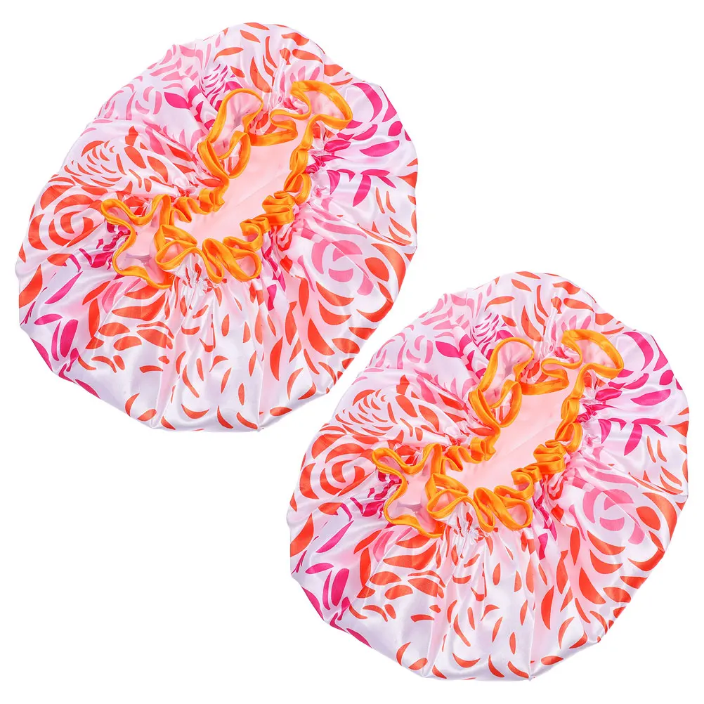 

2Pcs Waterproof Shower Cap Women Bathing Reusable Dry Hair Hats Satin Elastic Extra Large Long Hair Protective Cover
