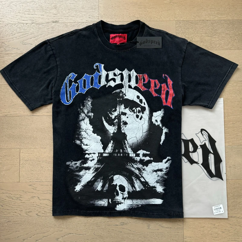

GodspeedT T-shirt Hipster Rock Street Vintage Washed Make Old Skull Pattern Printed GOD SPEED Short Sleeve Tops