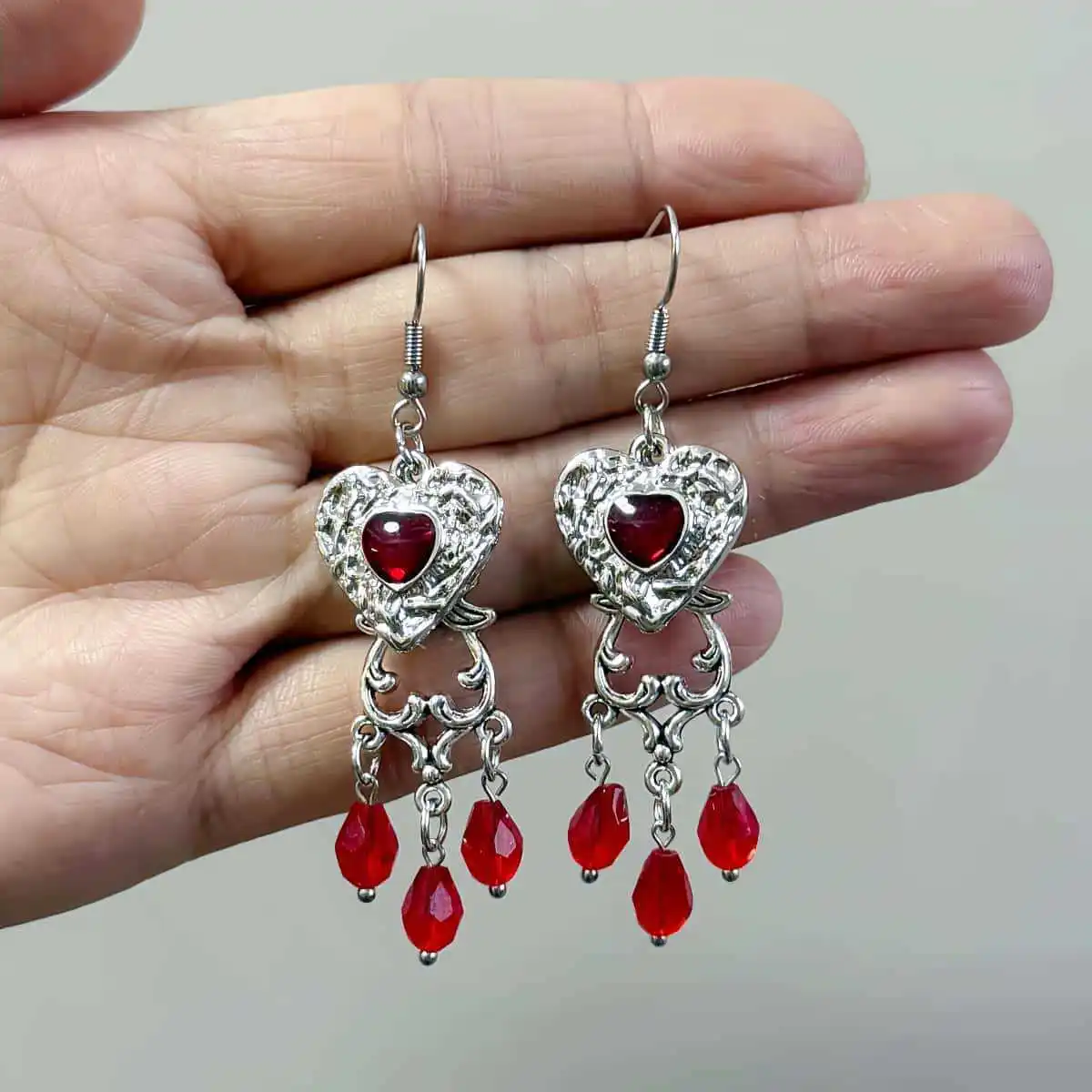 

Bloodwater Drop Heart Earring,Gothic Jewelry,Vintage Accessory,Pagan,Tear Drop,Engraved,Mystical,Punk,Love,Ear Hook For Women