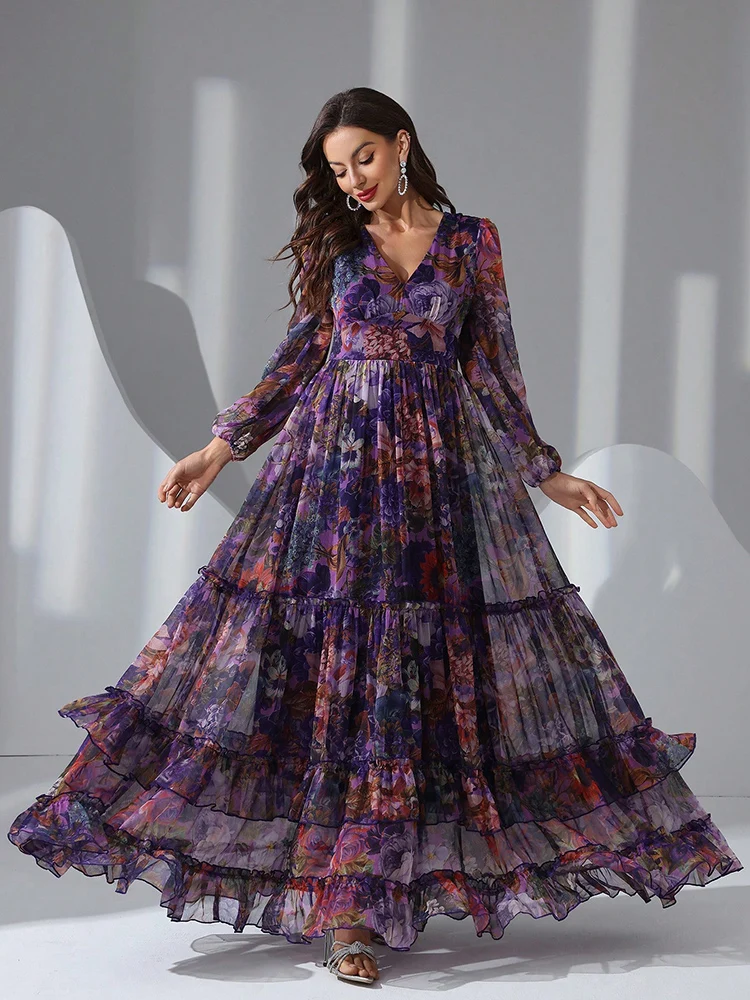 

TOLEEN Summer Casual Elegant Boho Vacation Party Dresses 2024 New Women's Vintage Floral Print Long Sleeve Ruffle Hem Maxi Dress