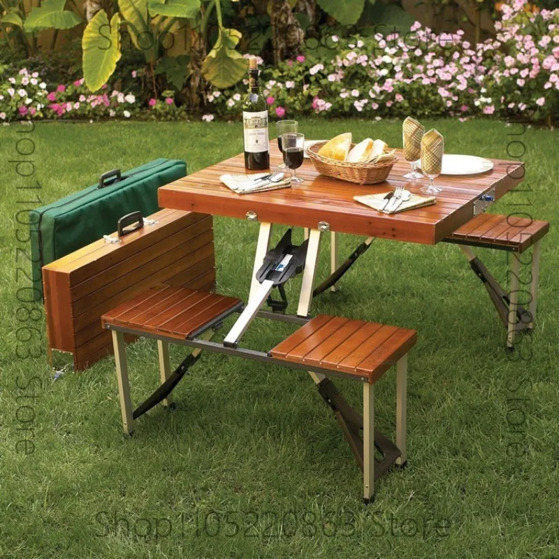 

Outdoor portable folding table for barbecue picnic aluminum solid wood one-piece table and chairs
