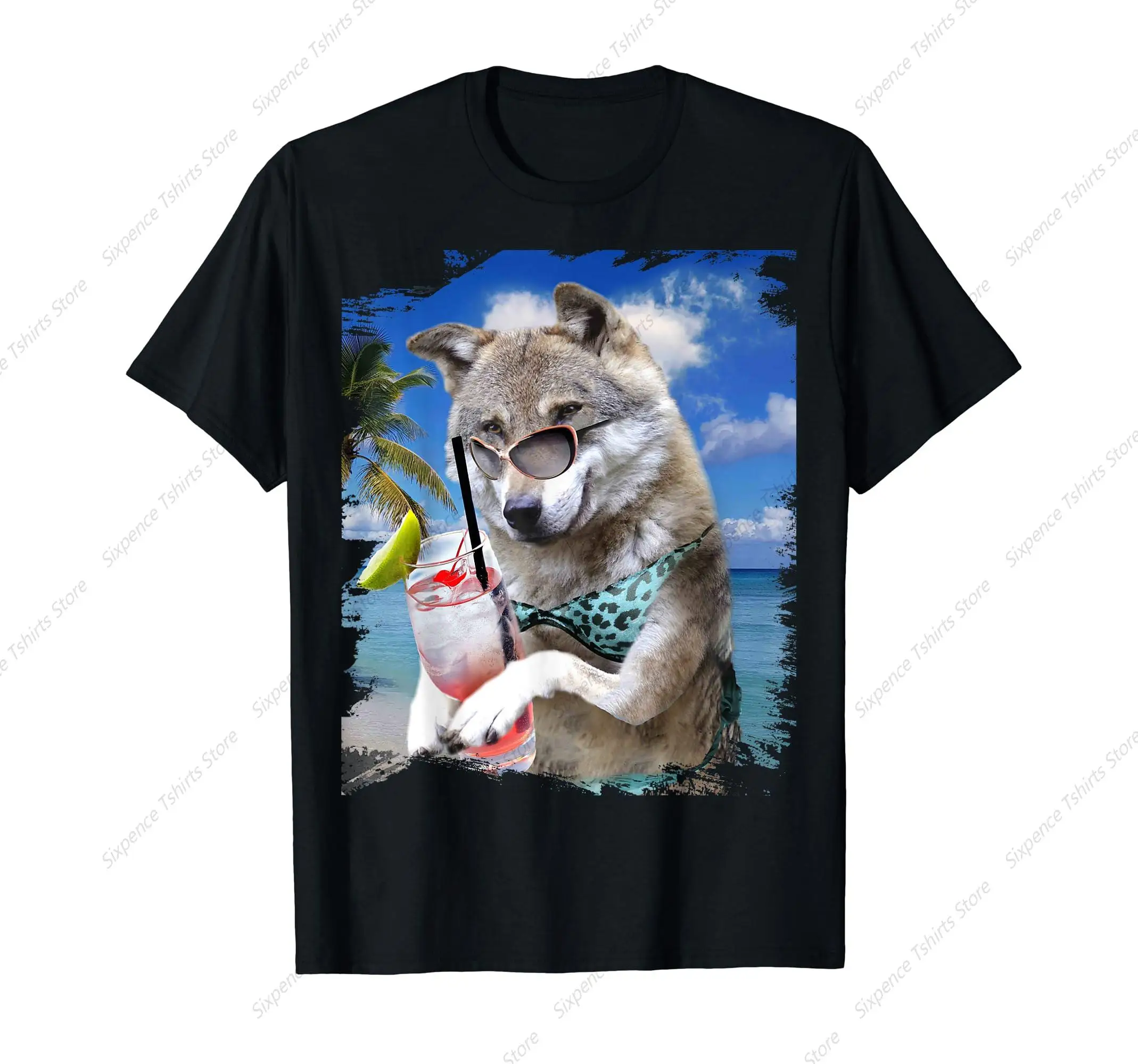 Wolf in Bikini Swimsuit at Beach Men‘s T-Shirt Soft Comfortable Easy to Wear Simple Practical not Easy to Shrink Durable