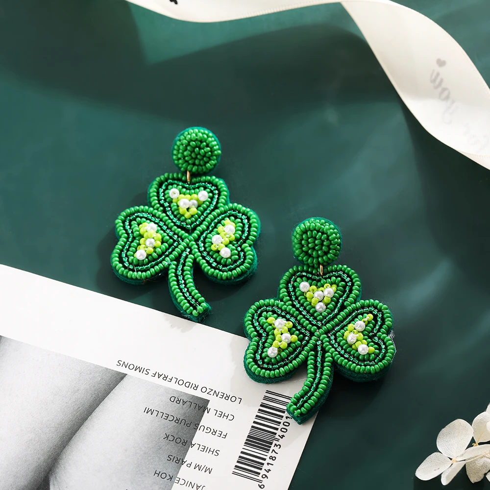 St Patrick's Day Green Clover Pendant Drop Dangle Earrings for Women Handmade Beaded Holiday Party Earring Gift Bohemian Jewelry