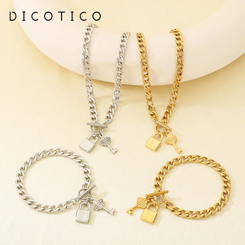 

Изысканные женские ожерелья из нержавеющей стали, браслеты, массивная цепочка с замком, подвески для ключей, Т-образная застежка, стильный комплект ювелирных изделий из 2 предметов